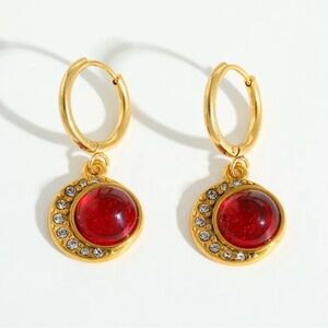 Gold Hoop Drop Earrings with Red Cabochon & Crystal Accents